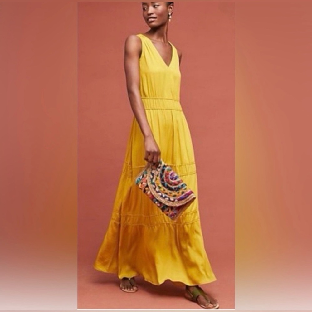 Anthropologie Dolan Goldenrod Boho Tiered Sleeveless Maxi Dress Yellow Mustard